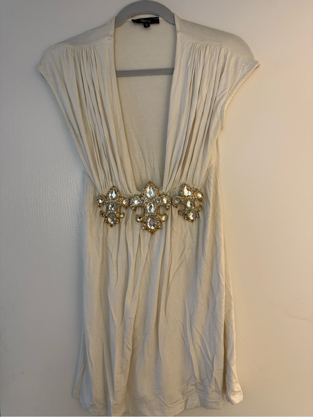 White Embellished V-Neck Dress by SKY